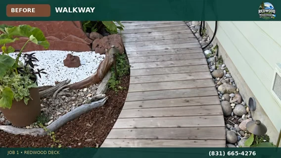 Walkway before restoration, shown with the original BEFORE caption from Redwood Coastal’s project film.